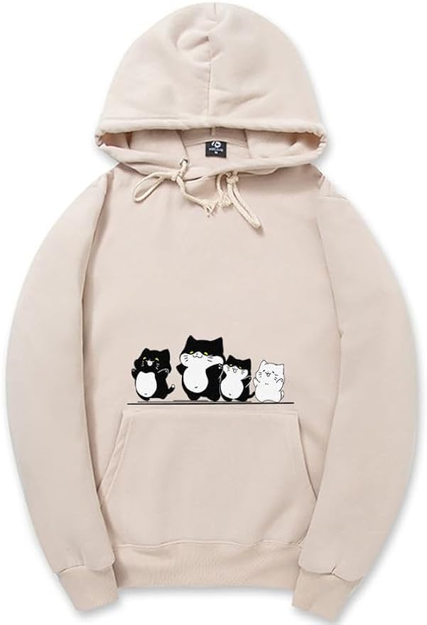 CORIRESHA Cute Cat Hoodie Drawstring Long Sleeve Kangaroo Pocket Simple Sweatshirt