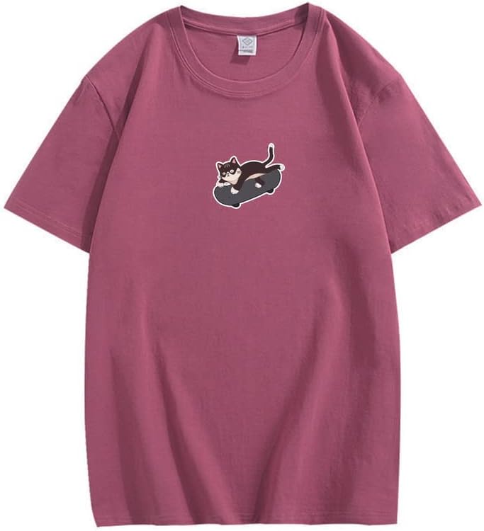 CORIRESHA Unisex Kawaii Ropa Cuello Redondo Manga Corta Lindo Monopatín Gato Camiseta Suelta