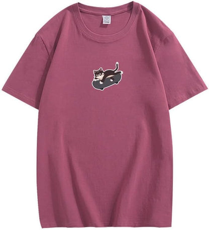 CORIRESHA Unisex Kawaii Ropa Cuello Redondo Manga Corta Lindo Monopatín Gato Camiseta Suelta