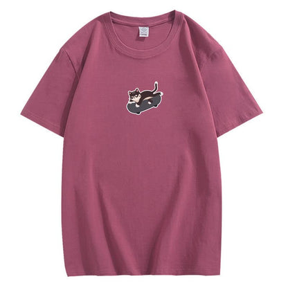 CORIRESHA Unisex Kawaii Ropa Cuello Redondo Manga Corta Lindo Monopatín Gato Camiseta Suelta