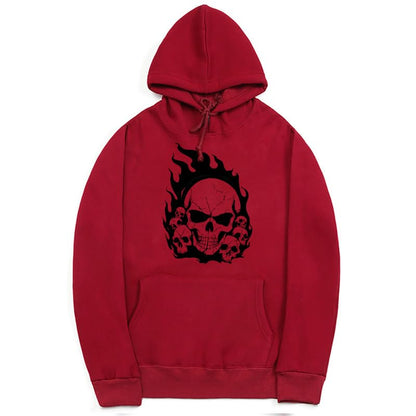 CORIRESHA Teen Halloween Skull Hoodie Long Sleeve Drawstring Y2K Aesthetic Flame Sweatshirt