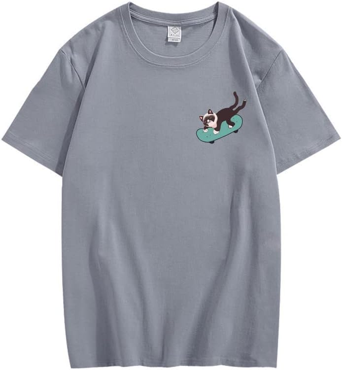 CORIRESHA Teen Kawaii Ropa Skateboard Cat Casual Cuello Redondo Camiseta de Algodón Suave
