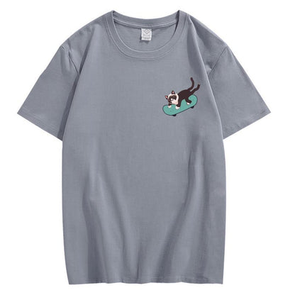 CORIRESHA Teen Kawaii Ropa Skateboard Cat Casual Cuello Redondo Camiseta de Algodón Suave