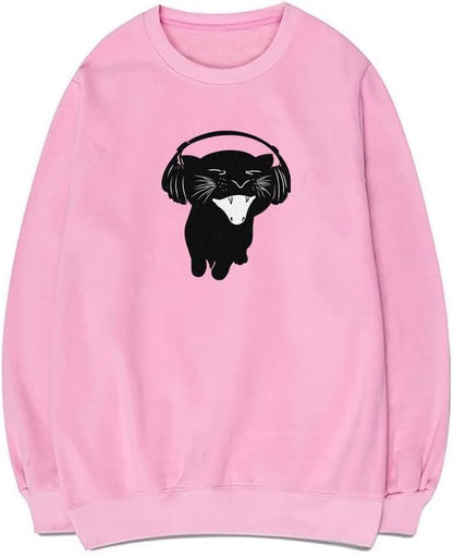 CORIRESHA Cute Cat Headphones Music Crew Neck Long Sleeve Basic Pullover Sweatshirt
