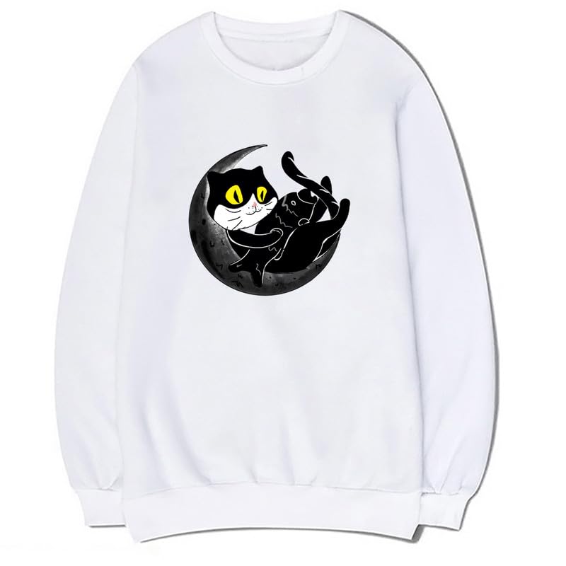 CORIRESHA Unisex Funny Cat Sweatshirt Crew Neck Long Sleeve Cozy Moon Pullover