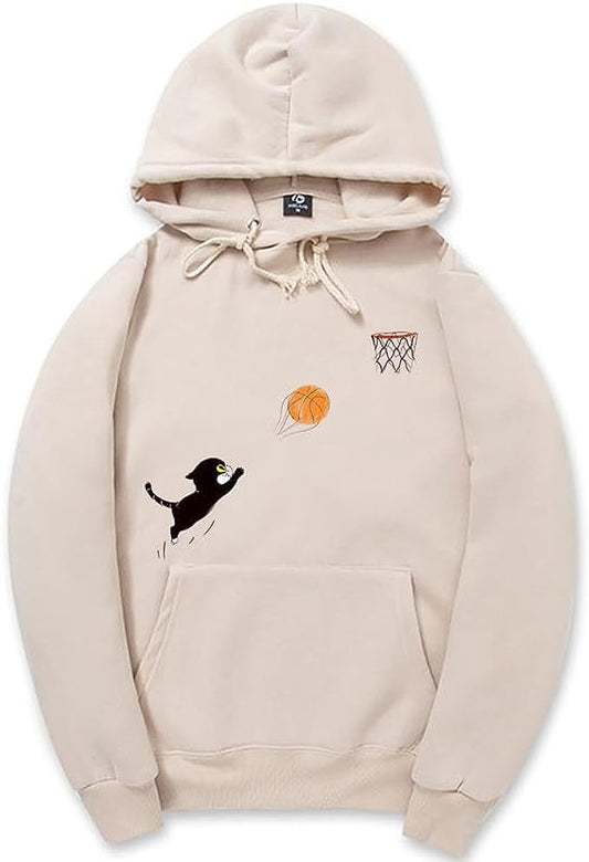 CORIRESHA Women's Cute Cat Basketball Hoodie Long Sleeve Drawstring Pocket Cotton Casual Sweatshirt