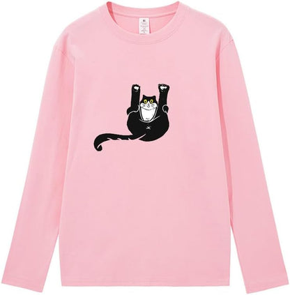 CORIRESHA Unisex Funny Cat Tops Crewneck Long Sleeves Fall Cotton Cute T-Shirts