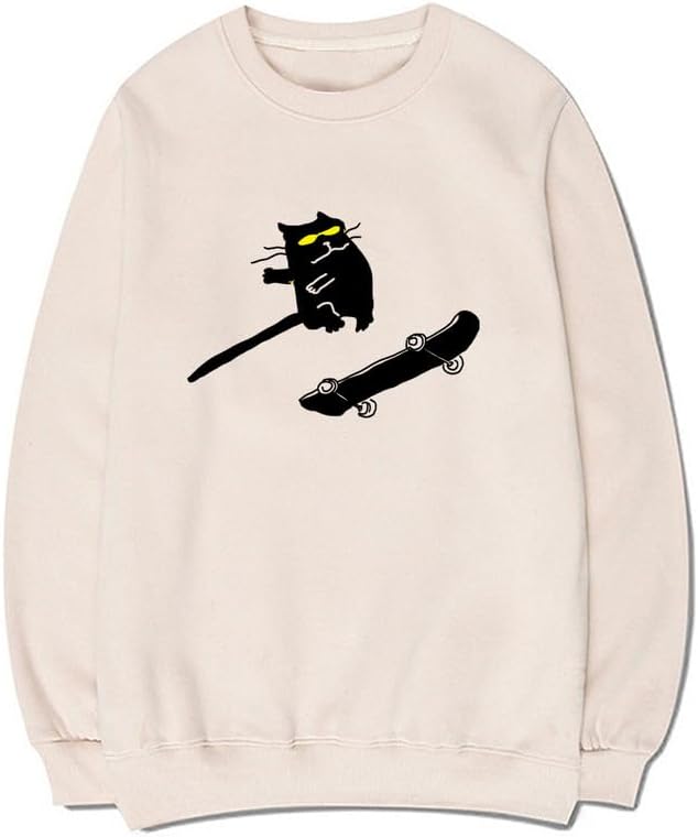 CORIRESHA Funny Cat Skateboard Crewneck Long Sleeve Cotton Basic Casual Pullover Sweatshirt