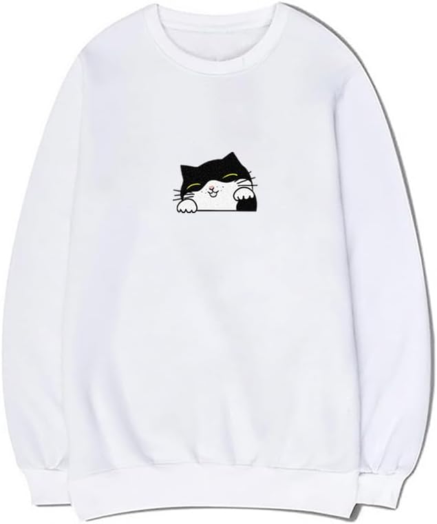 CORIRESHA Teen Cute Cat Casual Crew Neck Long Sleeve Basic Sweatshirt