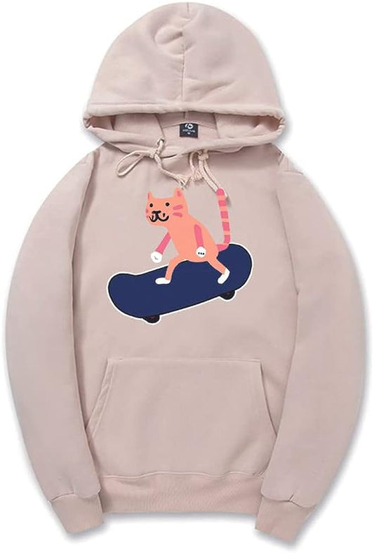 CORIRESHA Sudadera con capucha unisex con diseño de gato y monopatín de dibujos animados, informal, de manga larga, acogedora sudadera de algodón