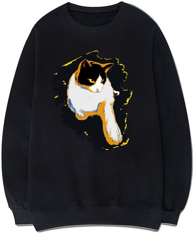 CORIRESHA Unisex Cute Cat Crewneck Long Sleeve Casual Basic Comfortable Pullover Sweatshirt