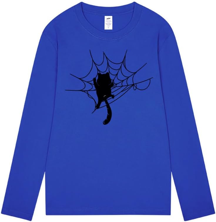 CORIRESHA Halloween Spider Web Crew Neck Long Sleeve Casual Cat Lover T-Shirt