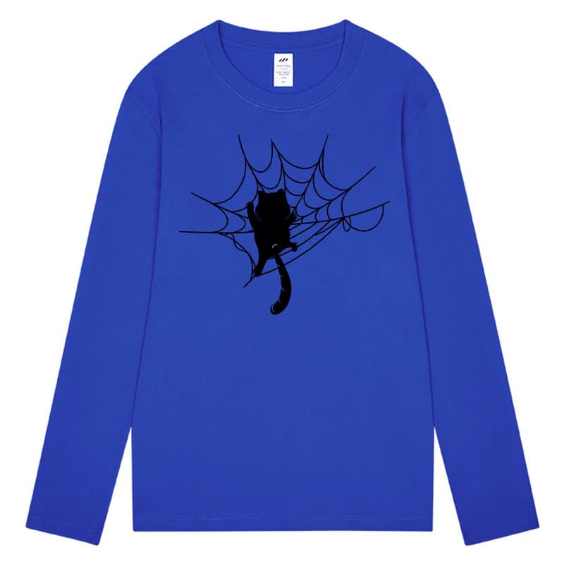CORIRESHA Halloween Spider Web Crew Neck Long Sleeve Casual Cat Lover T-Shirt