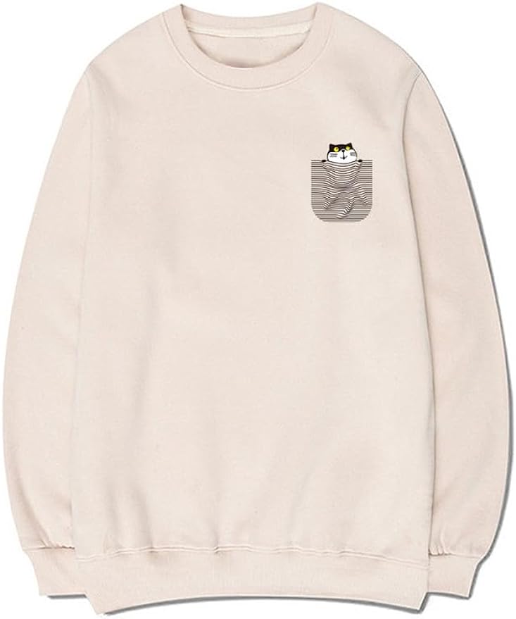 CORIRESHA Cute Pocket Cat Sweatshirt Crew Neck Long Sleeve Soft Cotton Pullover