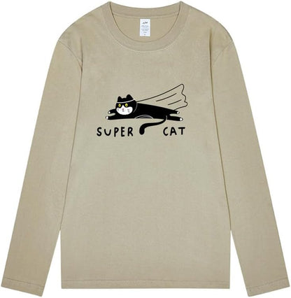 CORIRESHA Unisex Funny Run Cat Crewneck Long Sleeves Cozy Cotton Cute T-Shirts