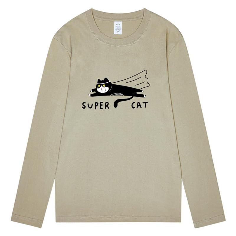 CORIRESHA Unisex Funny Run Cat Crewneck Long Sleeves Cozy Cotton Cute T-Shirts