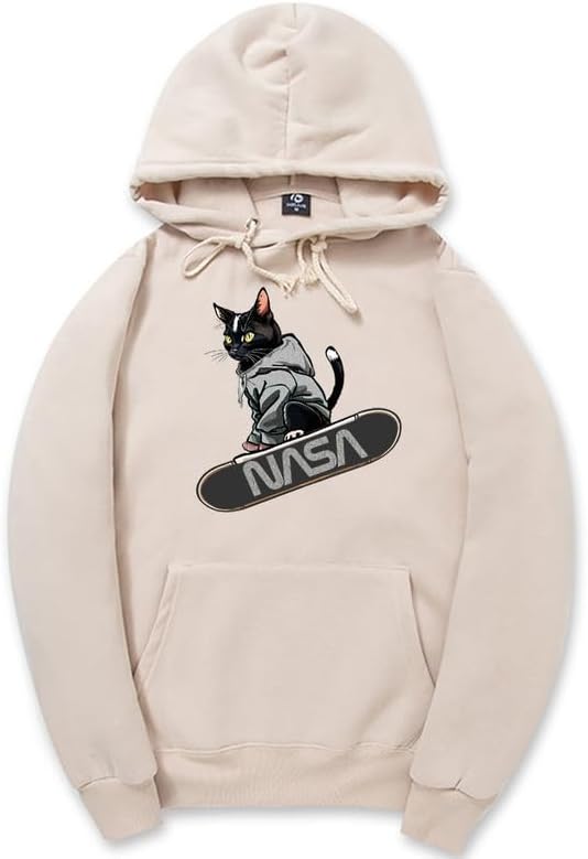 CORIRESHA Adolescente Lindo Gato Skateboarding Sudadera con capucha Casual Manga Larga Cordón Básico NASA Sudadera