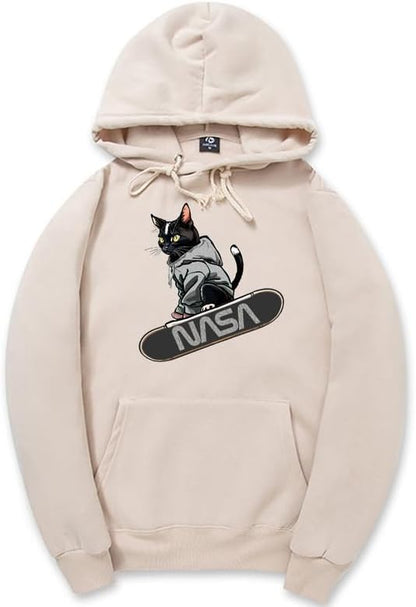 CORIRESHA Adolescente Lindo Gato Skateboarding Sudadera con capucha Casual Manga Larga Cordón Básico NASA Sudadera