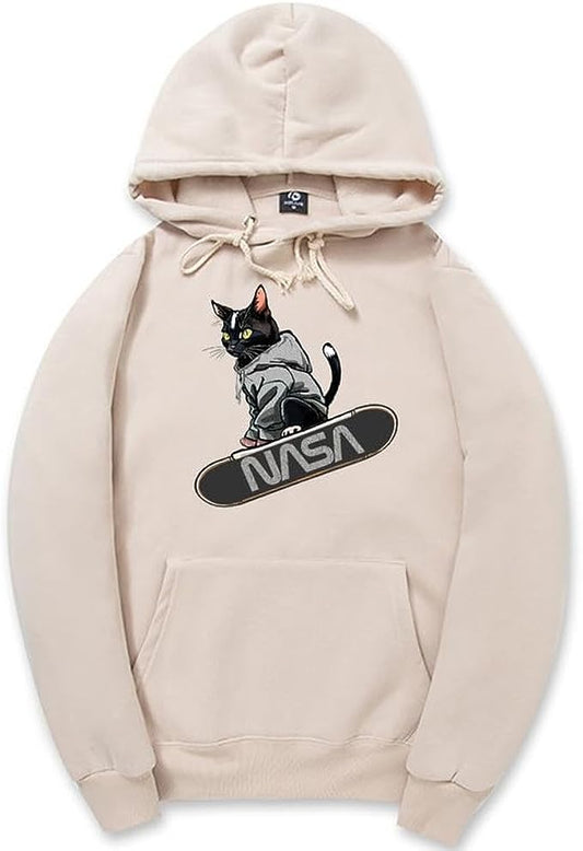 CORIRESHA Teen Cute Cat Skateboarding Hoodie Casual Long Sleeve Drawstring Basic NASA Sweatshirt