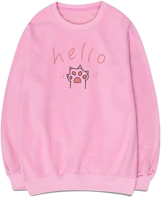 CORIRESHA Cat Paw Graphic Crewneck Long Sleeve Kawaii Cute Letter Sweatshirt