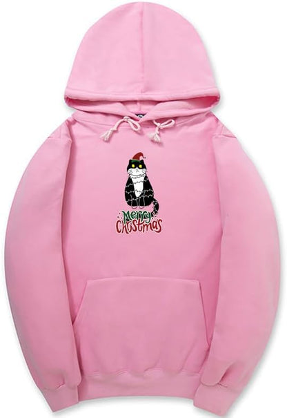 CORIRESHA Women's Unisex Cute Christmas Cat Hoodie Long Sleeve Drawstring Pocket Funny Sweatshirt