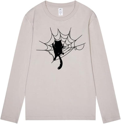 CORIRESHA Halloween Spider Web Crew Neck Long Sleeve Casual Cat Lover T-Shirt