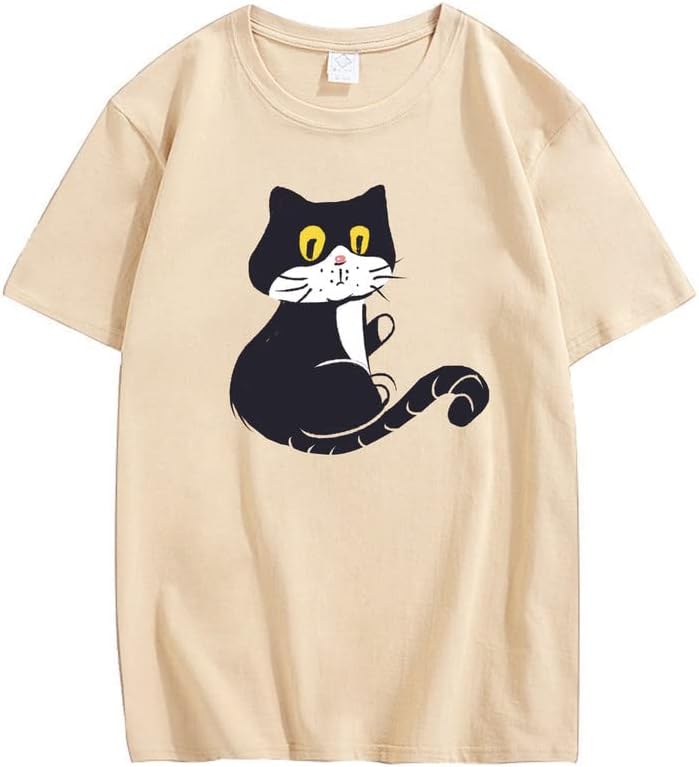 CORIRESHA Teen Cat T-Shirt Round Neck Short Sleeves Loose Soft Cozy Cute Tops