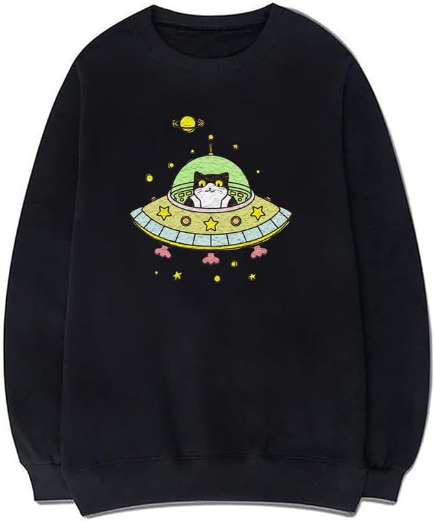 CORIRESHA Space Lover Sweatshirt Crew Neck Long Sleeve Cute Cat Spaceship Pullover