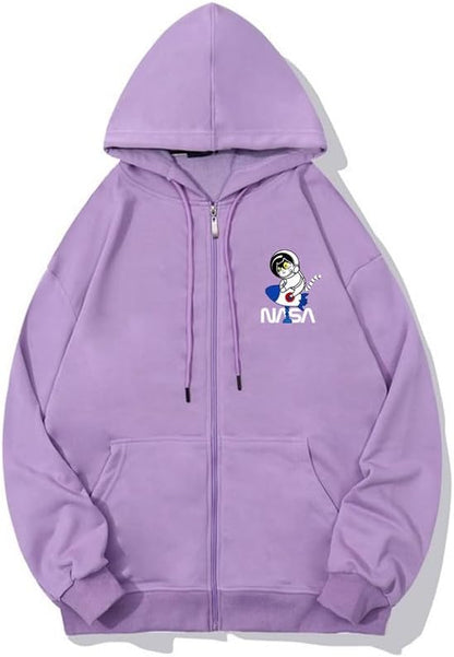 CORIRESHA Space Astronaut Cat Zip Hoodie Drawstring Rocket NASA Sweatshirt