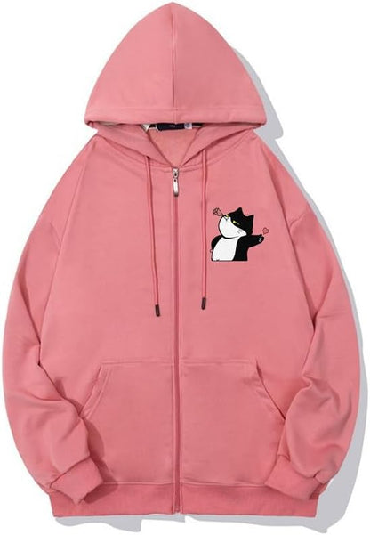 CORIRESHA Women's Cute Cat Heart Zipper Hoodie Drawstring Long Sleeve Sweatshirt Jacket