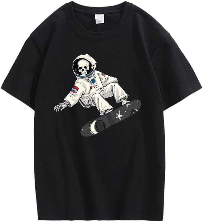 CORIRESHA Camiseta de astronauta con calavera para mujer, informal, cuello redondo, manga corta, para verano, skate