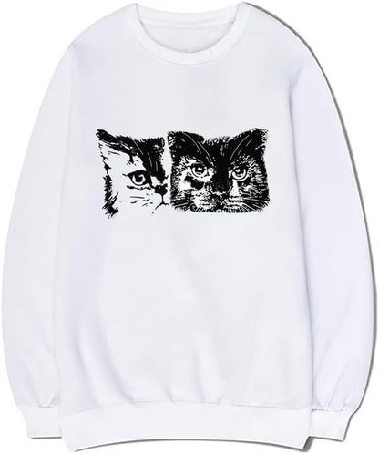 CORIRESHA Cute Cat Face Crew Neck Long Sleeve Cotton Basic Pullover Sweatshirt