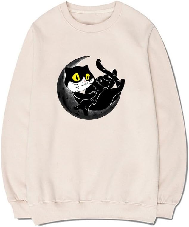 CORIRESHA Unisex Funny Cat Sweatshirt Crew Neck Long Sleeve Cozy Moon Pullover