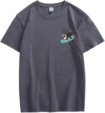 CORIRESHA Teen Kawaii Ropa Skateboard Cat Casual Cuello Redondo Camiseta de Algodón Suave