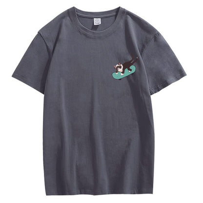 CORIRESHA Teen Kawaii Ropa Skateboard Cat Casual Cuello Redondo Camiseta de Algodón Suave