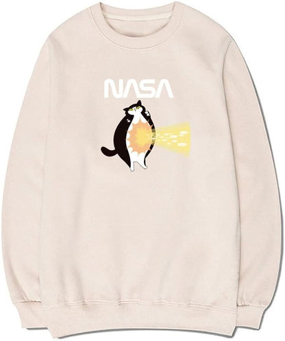 CORIRESHA Teen Cat Lover Sweatshirt Crew Neck Long Sleeve Cotton Simple NASA Pullover