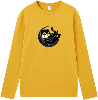 CORIRESHA Teen Fall Funny Cat Moon Crew Neck Long Sleeve Cotton T-Shirt