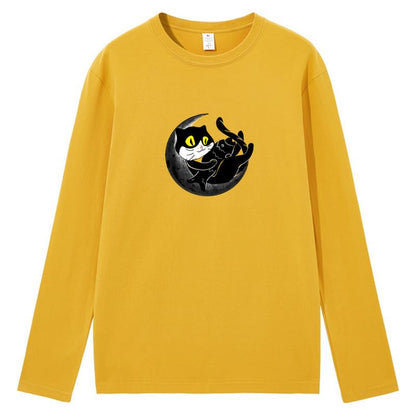 CORIRESHA Teen Fall Funny Cat Moon Crew Neck Long Sleeve Cotton T-Shirt