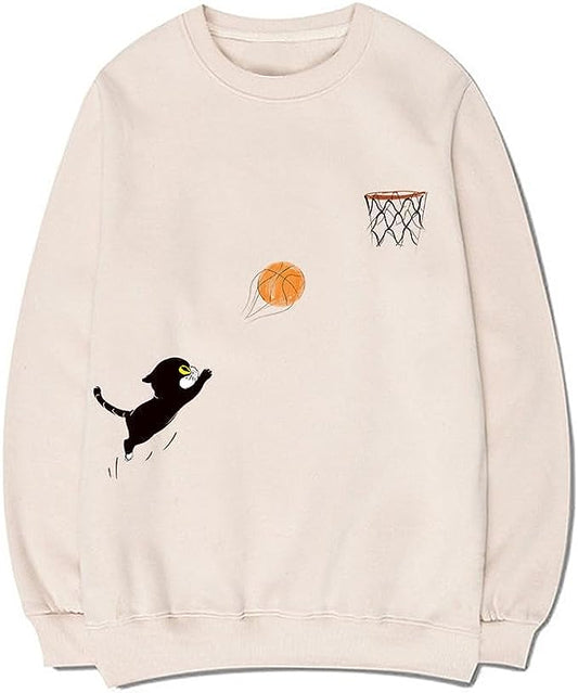 CORIRESHA Teen Cute Cat Basketball Cuello redondo Manga larga Cozy Cotton Fall Sudadera