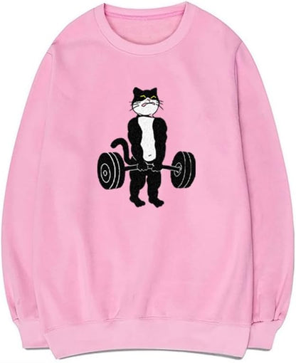 CORIRESHA Unisex Weightlifting Cat Sweatshirt Crewneck Long Sleeve Casual Fall Pullover