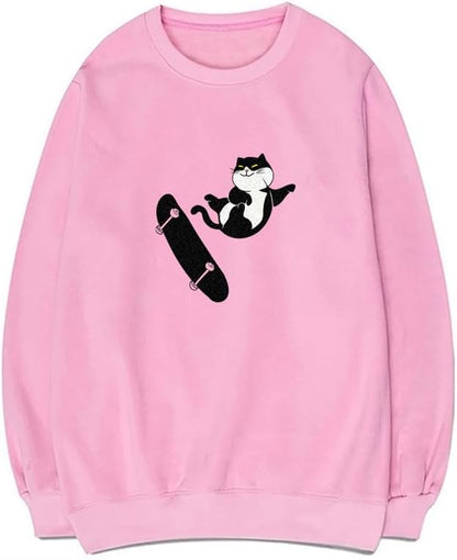 CORIRESHA Teens Cat Lovers Crewneck Long Sleeves Cotton Cute Skateboard Sweatshirts