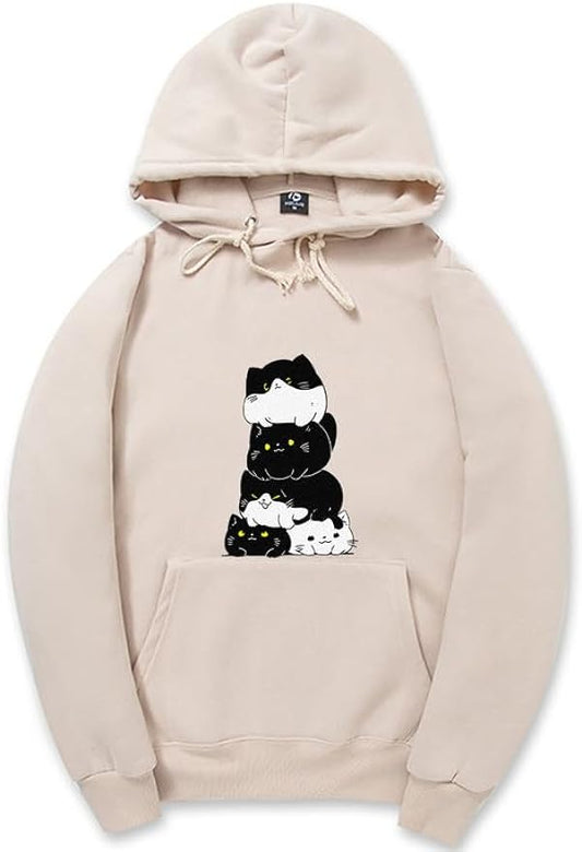 CORIRESHA Teen Cute Cat Long Sleeve Drawstring Kangaroo Pocket Simple Hoodie Sweatshirt