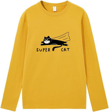 CORIRESHA Unisex Funny Run Cat Crewneck Long Sleeves Cozy Cotton Cute T-Shirts