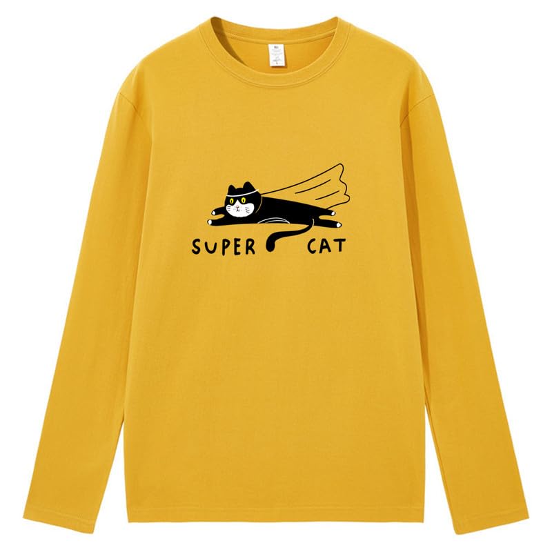 CORIRESHA Unisex Funny Run Cat Crewneck Long Sleeves Cozy Cotton Cute T-Shirts