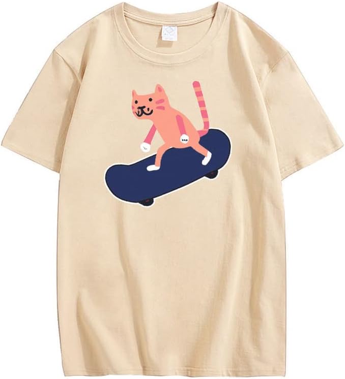 CORIRESHA Youth Skateboard Crewneck Short Sleeve Soft Loose Cat Lover T-Shirt