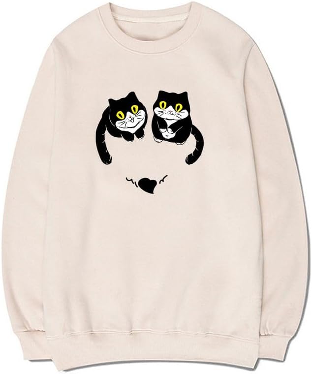 CORIRESHA Unisex Cute Cat Sweatshirts Crewneck Long Sleeves Casual Hearts Pullovers