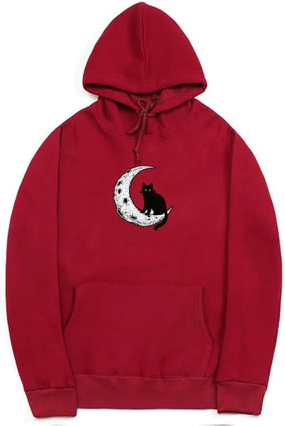 CORIRESHA Sudadera con capucha unisex Moon Cat Casual de manga larga suave y linda sudadera con bolsillo