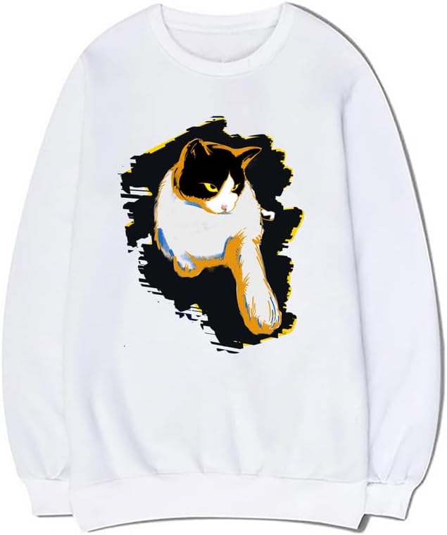 CORIRESHA Unisex Cute Cat Crewneck Long Sleeve Casual Basic Comfortable Pullover Sweatshirt