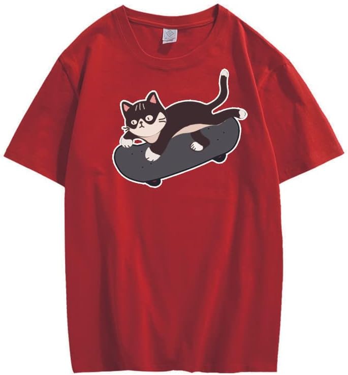 CORIRESHA Lindo monopatín gato gráfico cuello redondo manga corta acogedora camiseta adolescente