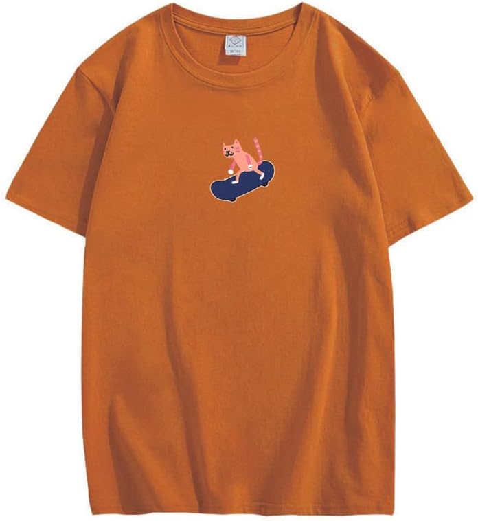 CORIRESHA Unisex Lindo Gato Monopatín Casual Cuello Redondo Manga Corta Suelta Camisetas Divertidas